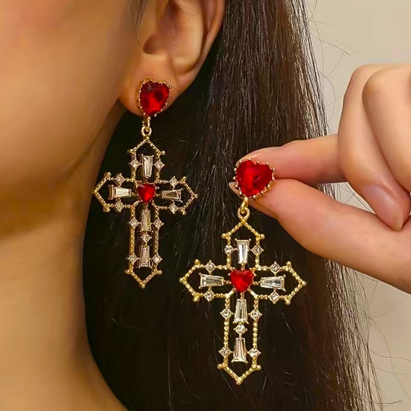 Jeweled Cross Dangle Earrings - Picture 1 of 6